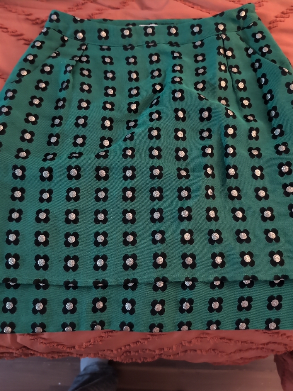 HD in Paris Teal Floral Embroidered Skirt with Black and White Details